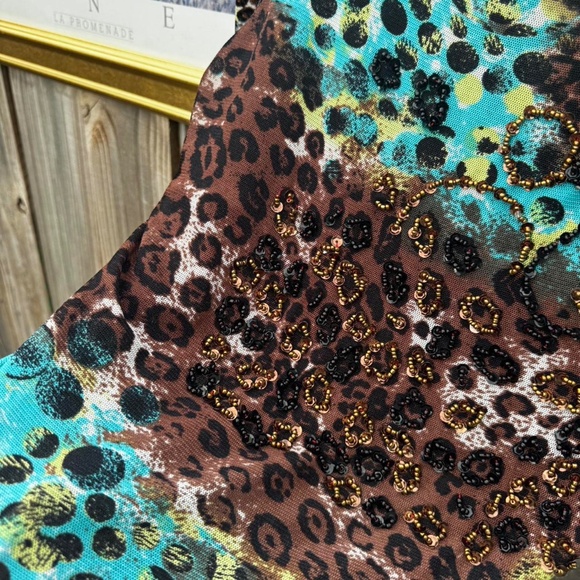 sheer mesh leopard print blouse sequins blue brown green long sleeve - Picture 5 of 7